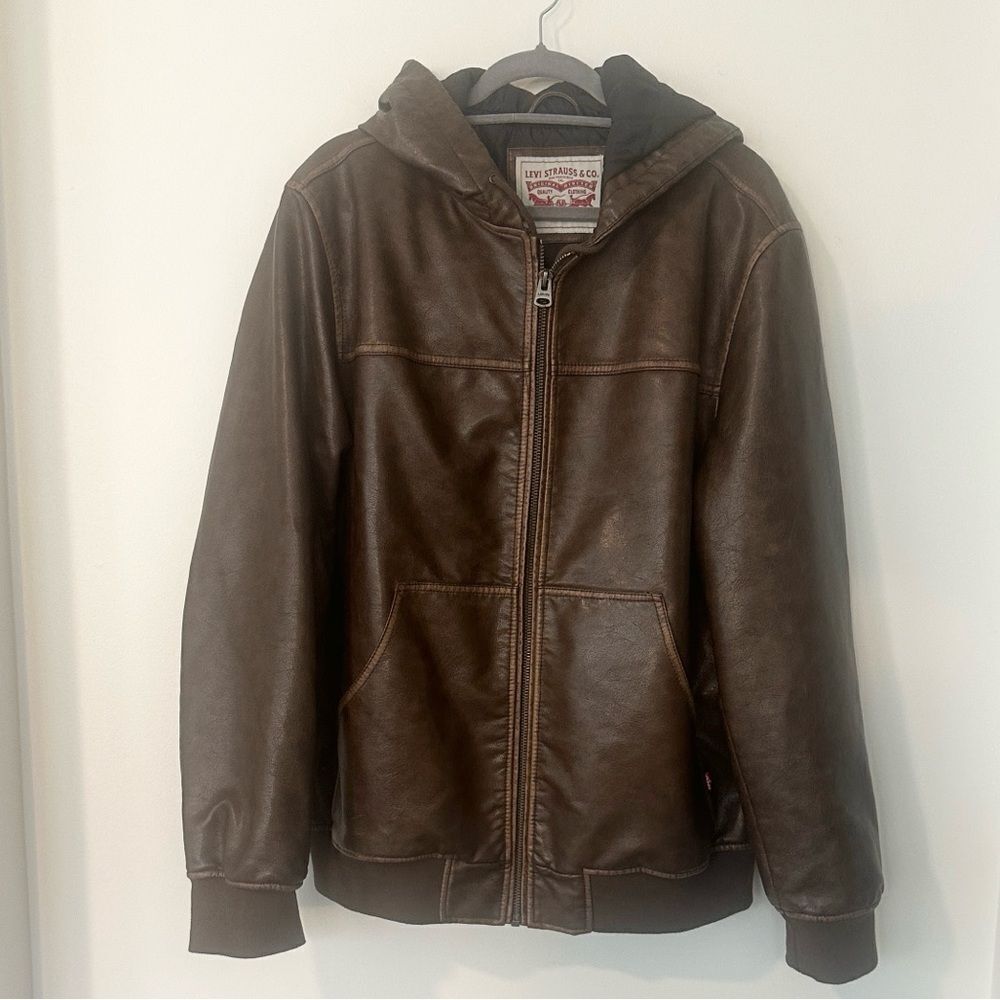 Levi’s Brown Faux Leather Hooded Jacket L